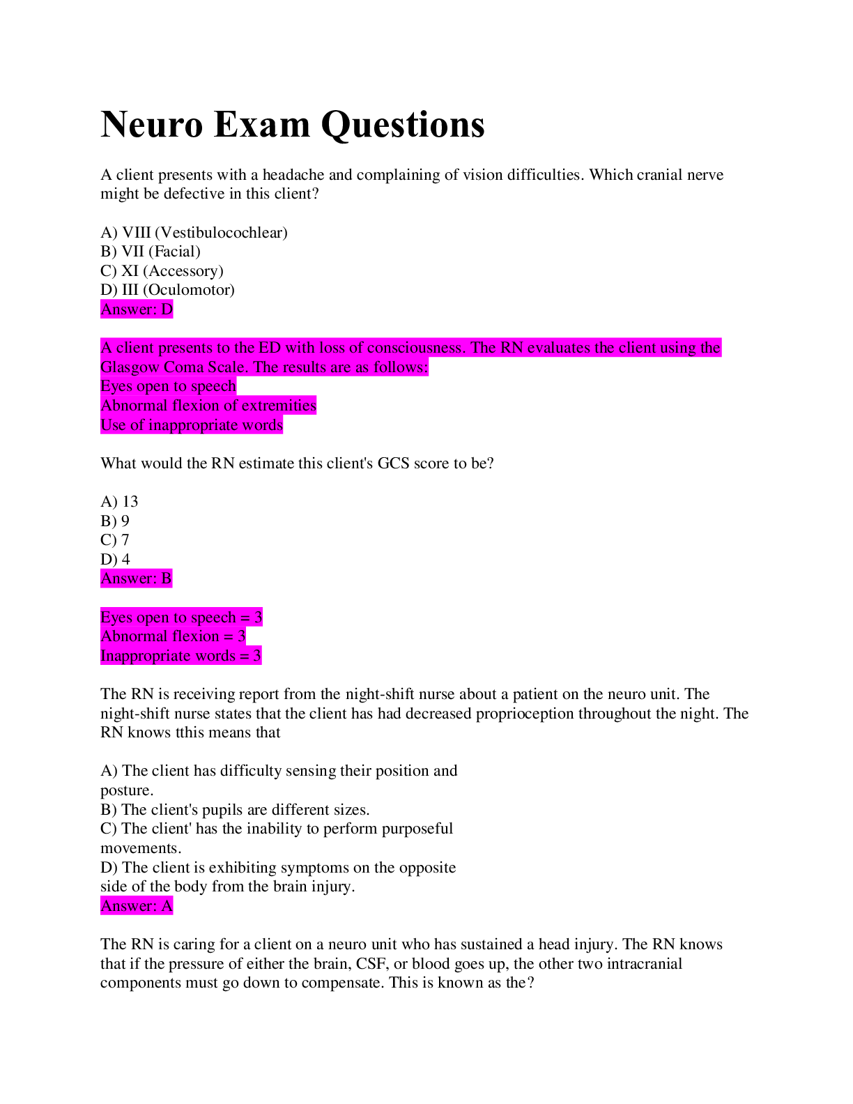 Preview image for Neuro Exam Questions / Complete solutions / 100% Accurate